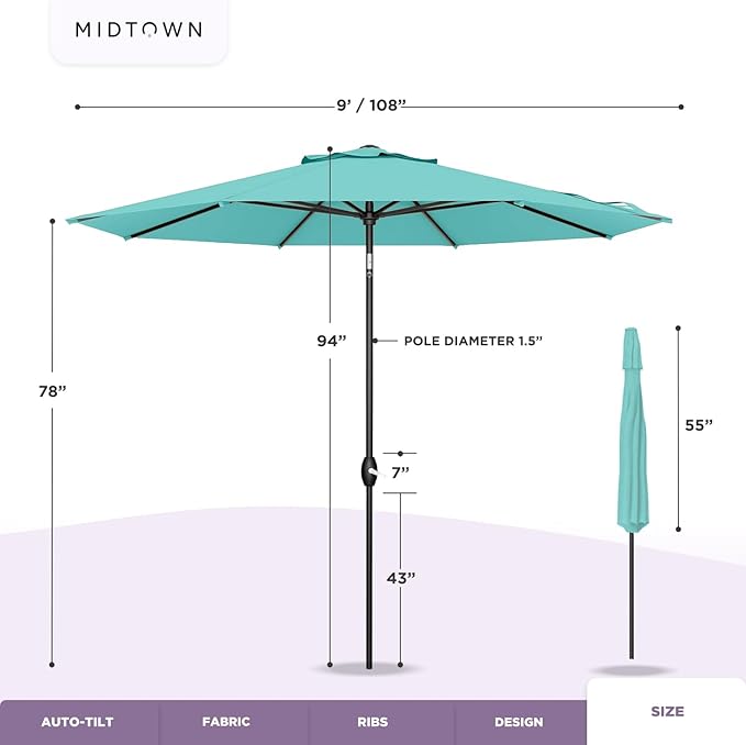 Midtown Umbrellas - 10-Year-No-Fade 9 Ft Patio Umbrella with Terylast Fabric, Auto-Tilt Aluminum Frame and 8 Reinforced Ribs for Deck, Pool, Garden & Beach - Black/White Stripes Canopy, Black Pole