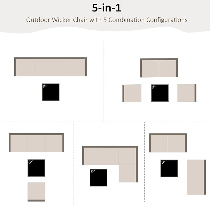 ANJ 5 Piece Outdoor Wicker Patio Furniture Set, Modular Loveseat Sofa with with Glass Top Coffee Table, All-Weather Rattan Conversation Couch Set for Balcony, Backyard, Dark Brown Wicker-Grey
