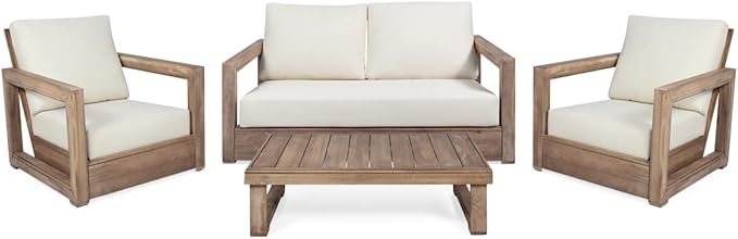 Christopher Knight Home Sammy, Brown and Beige Outdoor 4 Seater Acacia Wood Chat Set with Water Resistant Cushions