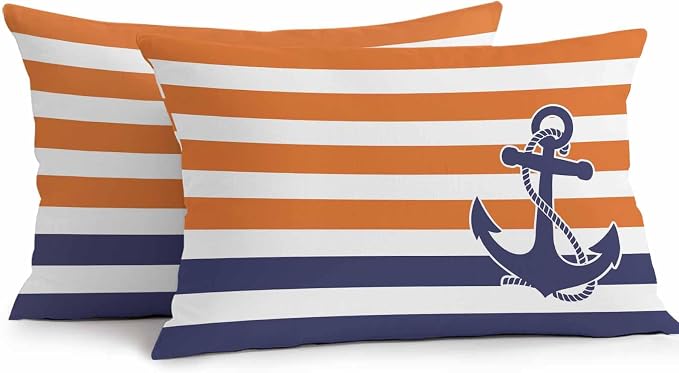 Lumbar Pillow Covers 20x12 Inch Set of 2, Anchor Orange Waterproof Outdoor Cushion Covers, Modern Navy Blue White Striped Nautical Decorative Pillowcases for Couch, Sofa, Bed, Garden, Patio