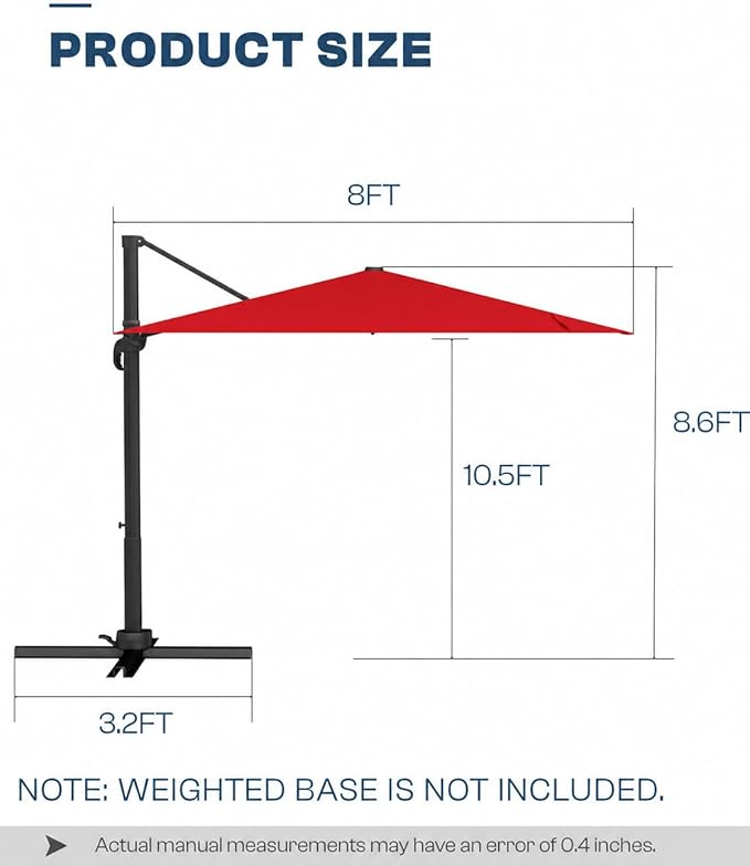8x8 FT Square Cantilever Umbrella,Easy Tilt, Fade Resistant & 360° Rotation, Offset for Pool Deck Backyard Patiored (Base not Included)