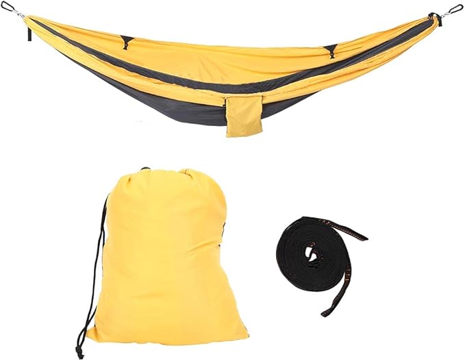 Hanging Chair Bed Dual Use Portable Hammock, Camping Hammock with Steel Buckles and Tree Straps, Sturdy Breathable 300T Polyester Outdoor Swing for Courtyard Corridor (Yellow Gray)