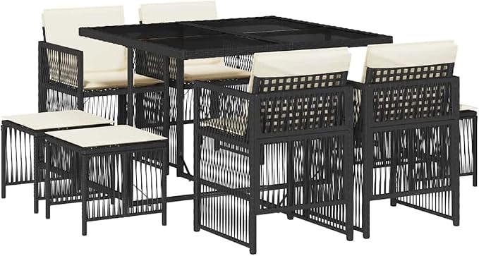 9 Piece Outdoor Dining Set Black and Cream Rattan Patio Furniture Set with Rectangular Table Chairs and Stools Space Saving Garden Conversation Set for 8 People