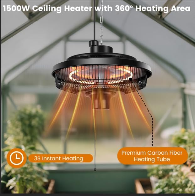 Fanspex Hanging Patio Heater, 1500W Electric Infrared Heaters for Home, Gazebo, Garage, Greenhouse, Ceiling Mount with Overheat Protection, IPX4 Water Resistance, Adjustable Height (Black)