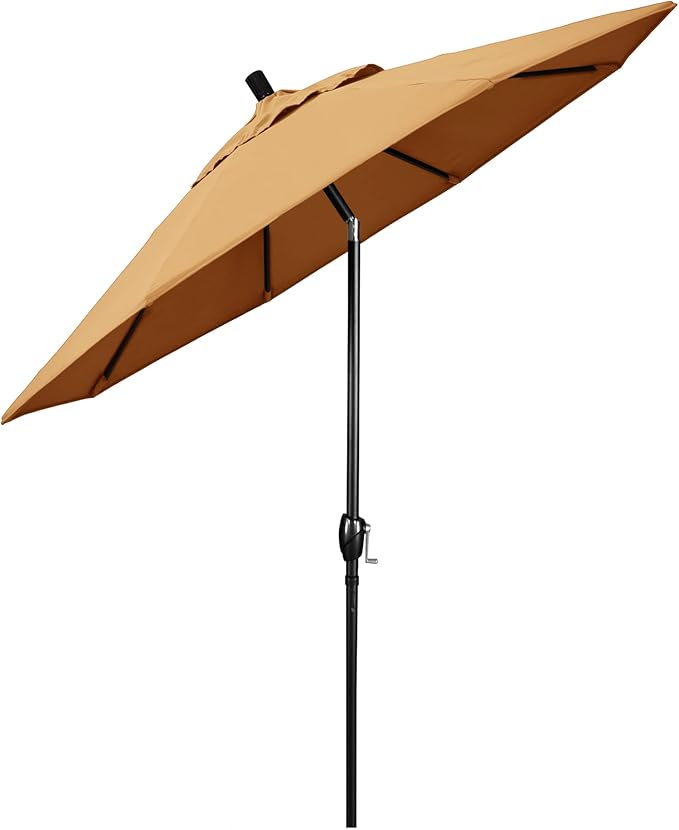 California Umbrella 9' Round Aluminum Market Umbrella, Crank Lift, Push Button Tilt, Black Pole, Sunbrella Wheat