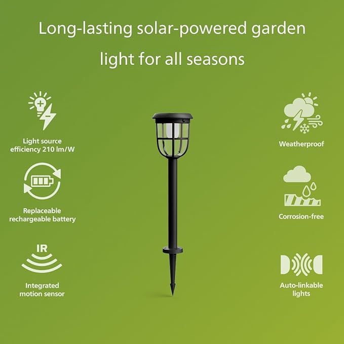 Philips Solar LED 1-Pack Ultra-Efficient Pathway Light - Radii, Automatically Linkable, Dusk to Dawn, Motion Sensor, 3000K Bright White Light, IP44, Black