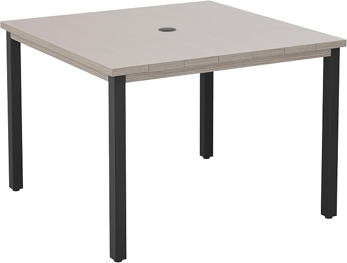 DIFY 40.2" Square Outdoor Dining Table for 4, Slatted Metal Patio Table with Adjustable Umbrella Hole, All-Weather Patio Dining Table for Garden Backyard Deck, Grey Wood-Like Tabletop