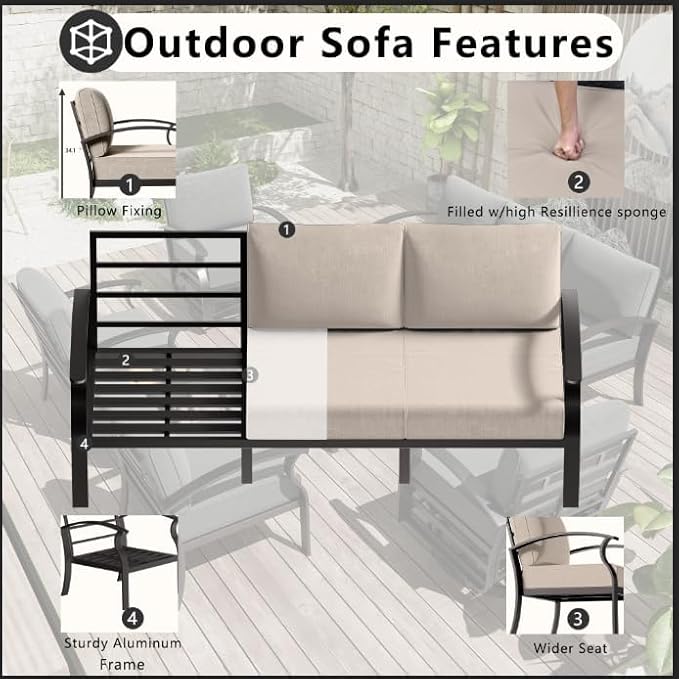 Patio Furniture Set 6-Piece Aluminum Armrest Sofa, All-Weather Patio Conversation Set with Tempered Glass Top Table & Removable Sponge Cushions for Backyard Poolside-Sand