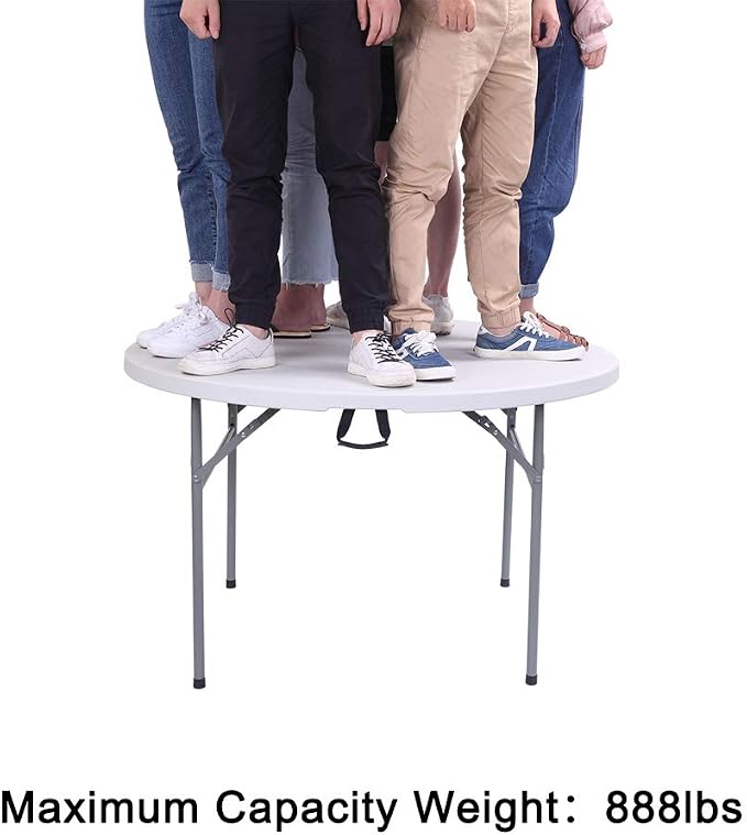 Simply-Me Patio Dining Table 48 Inch Fold-in-Half Round Folding Table Indoor Outdoor Utility Table with 4 Steel Feet,Carrying Handle,White