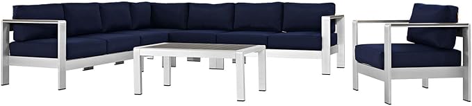 Modway Shore 7-Piece Aluminum Outdoor Patio Sectional Sofa Set in Silver Navy