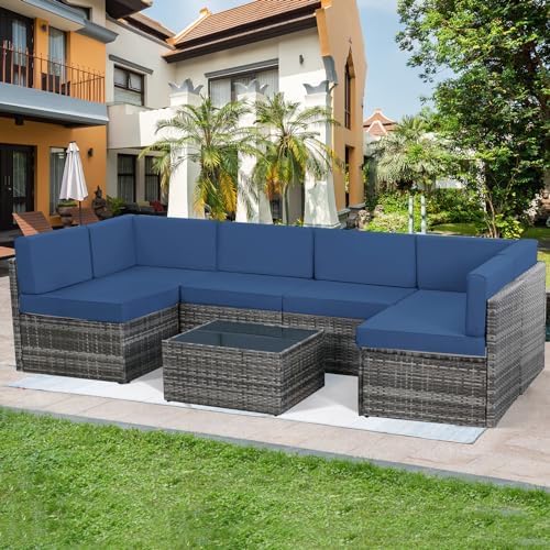 U-MAX 7 Piece Outdoor Patio Furniture Set with 30 Inch Fire Pit Table, PE Rattan Wicker Sofa Set, Outdoor Sectional Furniture Chair Set with Cushions and Tea Table, Grey Rattan&Dark Blue Cushion