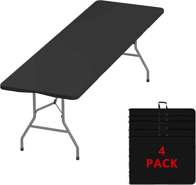 8FT Folding Tables – Heavy Duty Portable Foldable Picnic Table with Built-in Handle, 450 lb Capacity – Ideal for Events, Parties, Crafts, Camping & Dining (4-Pack, Black)