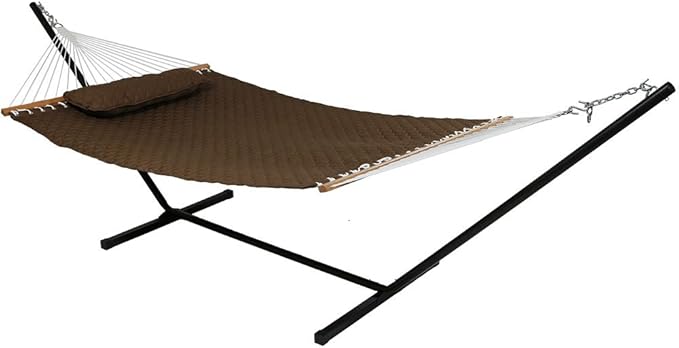 Sunnydaze Quilted Designs Hammock with Stand 2 Person Heavy Duty - Double Hammock with 12 Foot Steel Stand for Backyard & Patio - 350 Pound Weight Capacity - Brown