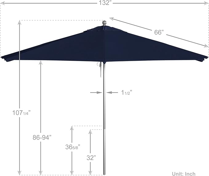 California Umbrella 11Ft Commercial Grade Market Umbrella, Pulley Lift, Aluminum/Fiberglass, 2mm pole wall, Silver Frame, Solution Dyed Navy Fabric