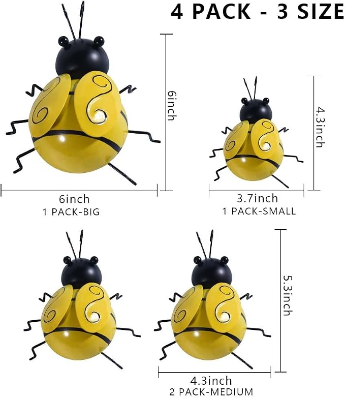 OBTANIM 4 Pack Cute Metal Bee Garden Wall Art Decorative Yard Hanging Decorations Outdoor Lawn Wall Sculptures