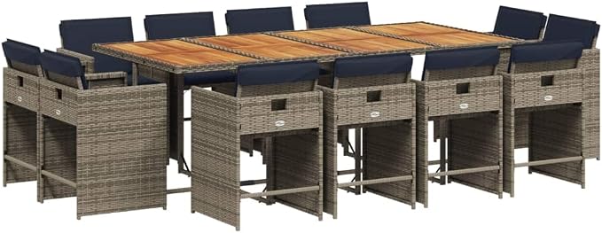 13 Piece Garden Dining Set with Cushions Grey Poly Rattan Outdoor Patio Furniture Table and 12 Chairs with Foldable Backrest Navy Blue Seat Cushion Acacia Wood Top UV Resistant 110 kg Capacity