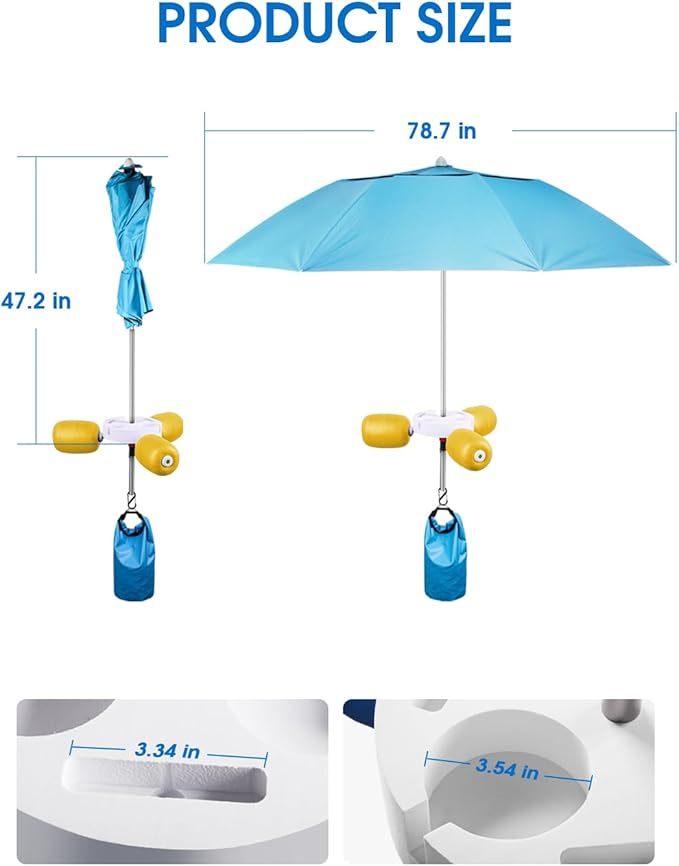 Floating Pool Umbrella 6.6ft - Portable UV Sun Shade Canopy with 3 Drink Holders, Stability Anchor Bag & Secure Floating Design - In-Water Use for Swimming Pools, Lakes, Beach and Outdoor Leisure