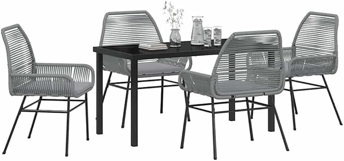 Afuera Living 5 Piece Poly Rattan Garden Dining Set, Black Finish, Cushioned Seats, UV-Resistant Material, Powder-Coated Steel Frame, Tempered Glass Tabletop, Modern Patio Furniture for Outdoor Spaces