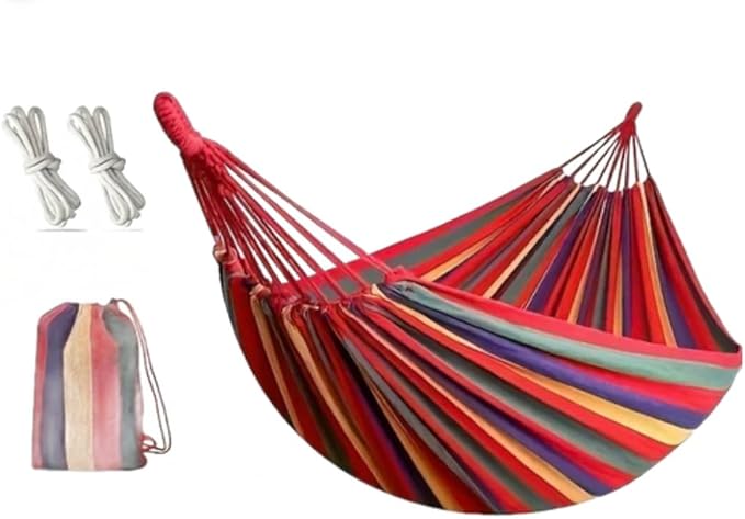 Canvas Hammock, Anti-Rollover Design, Tree Straps Included, Portable Swing for 1-2 Person, Red Striped
