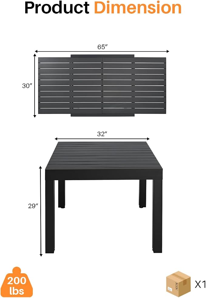 Patio Aluminum Extendable Dining Table, Rust-Free Expandable Outdoor Dining Table for 4-6 Person, 32"-65" Expandable Patio Table Rectangle Patio Dining Table Porch, Deck, Garden, Black