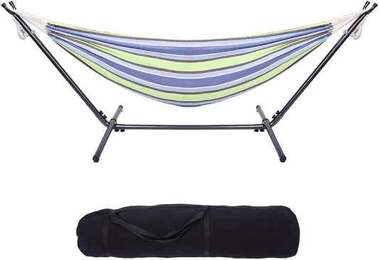 9 Ft Portable Outdoor Hammock Set with Iron Stand, Heavy Duty 2-Person, Polyester, for Backyard and Camping (Green)