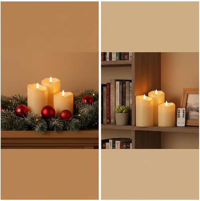 ANGELLOONG Flameless Candles with Remote for Table Decor, Flickering Fake Pillar Candles Battery Operated, Battery Candles with Timer for Home Living Room Wedding Bride Decoration, Set of 3