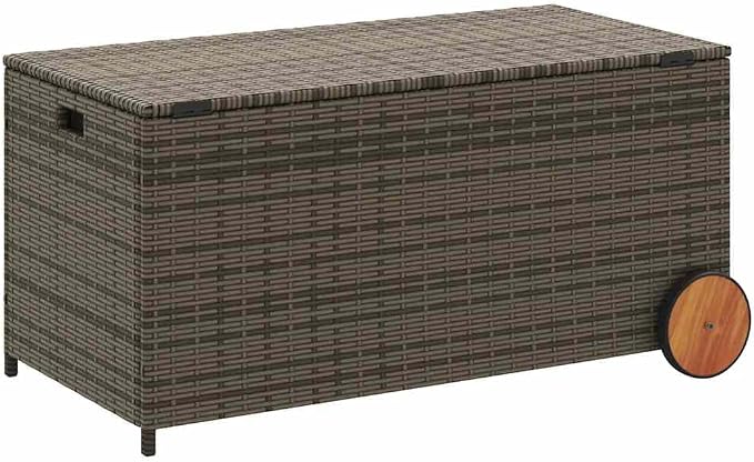 Grey Large 50.4 Gal Rattan Garden Storage Box 21.7x42.1x20.9 in, Portable Deck Box with Wheels, UV-Resistant Outdoor Cushion Chest for Patio Backyard Poolside