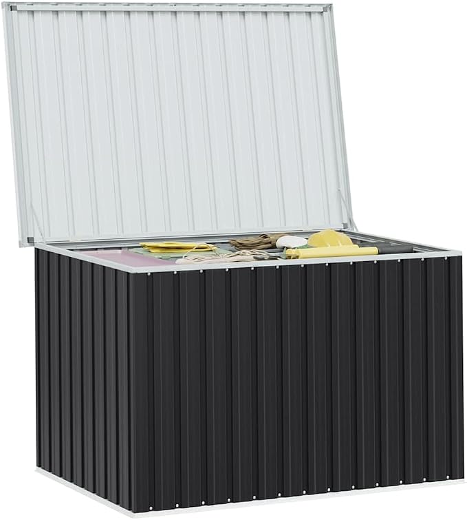 Large Outdoor Storage Box 58.7x39x36.6 Inch, Anthracite Patio Deck Box for Cushions, Toys & Tools, Waterproof Steel Garden Chest with Hinged Lid, Space-Saving Organizer for Terrace & Backyard