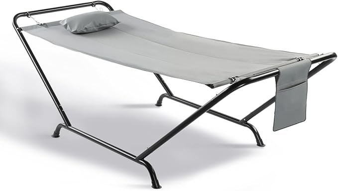 ONCLOUD Iron Hammock with Stand, Hammock Stand with Double-Layer Oxford Cloth Hammock, Portable Heavy-Duty Hammock for Outdoors, Garden, Patio, Yard, 550lbs (Gray)