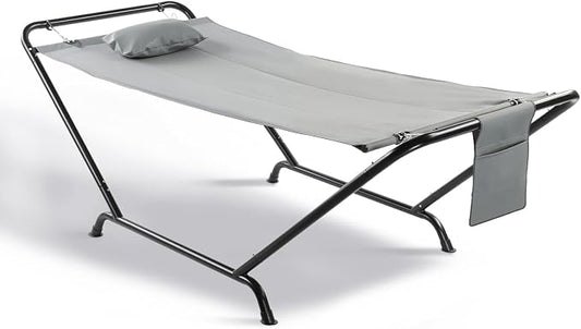ONCLOUD Iron Hammock with Stand, Hammock Stand with Double-Layer Oxford Cloth Hammock, Portable Heavy-Duty Hammock for Outdoors, Garden, Patio, Yard, 550lbs (Gray)