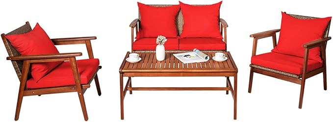 Tangkula 4 PCS Patio Wood Sofa Set, Outdoor Acacia Wood Seating Chat Set with Cushions & Coffee Table, Sectional Conversation Sofa Set for Garden, Backyard, Poolside (1, Red)