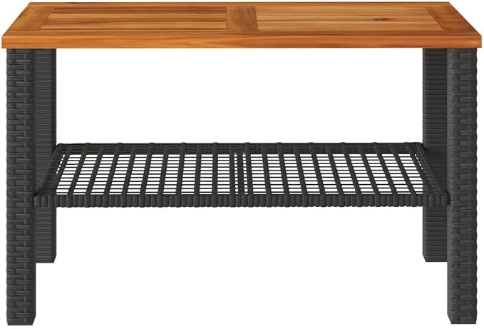 Black Poly Rattan Small Garden Table with Acacia Wood Top, 27.6"x15"x16.5" Patio Side Table for Outdoor Use
