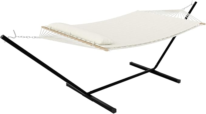 Hammock with Stand, 2 Person Quilted Hammock with Reversible Quilted Pad & Hardwood Spreader Bars, Portable Hammock for Outside, Camping, Patio, Beach