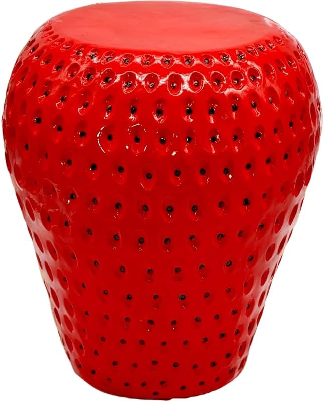 14'' Garden Fruit Design Stool, Decorative Patio Side Tables for Outside / Indoor, Drum Table & Plant Stands Stools for Patio Balcony Living Room, Home Decor, Weather-Resistant (Red, Strawberry)