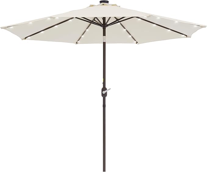 9ft Patio Umbrella Outdoor with Solar Lights,32 LED Lighted Table Market Umbrella with Tilt and Crank, 2-Year-Non-Fading, 8 Sturdy Ribs,for Pool, Deck, Garden,Backyard