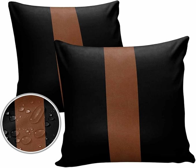 Outdoor Waterproof Throw Pillow Covers 24x24in, Farmhouse Mid Century Cushions for Garden Patio Furniture Chairs Set of 2, Boho Black and Brown Home Decor Couch Sofa Polyester Pillow Cases