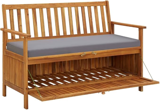 Patio Storage Bench with Gray Cushion, Outdoor Wooden Deck Box, Solid Wood Patio Furniture for Outdoor Cushions, Pool Storage and Garden Tools, 47.2"x24.8"x33.1", -329