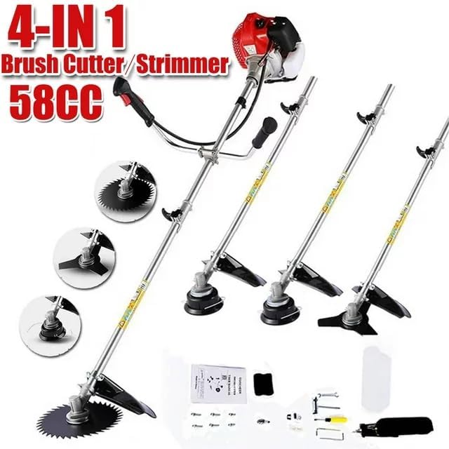 Weed Wacker 58CC Brush Cutter Gas Powered String Trimmer 4-in-1 Gas Weed Eater with 4 Detachable Heads 18.5" Cutting Path Straight Shaft 2-Cycle for Brush(Orange)