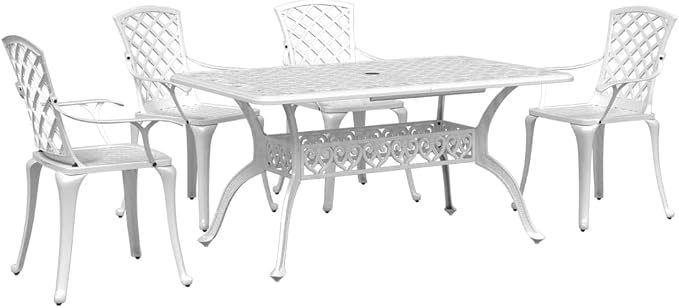 5 Piece Patio Dining Set White Cast Aluminum Outdoor Table and Chairs for Garden Backyard Lawn with Umbrella Hole Weather Resistant Durable Furniture