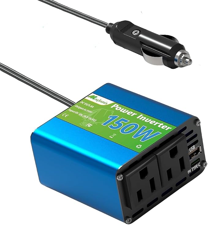150W Power Inverter - Converter Vehicle Adapter Plug Outlet 12v to 110v, Car Plug Adapter 300W Peak with 2 AC Outlets, for Vehicles, Cigarette Lighter Outlet for Phone/Laptop