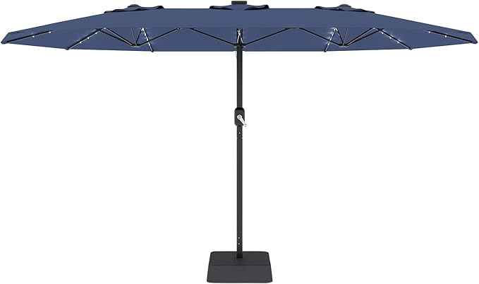 Garvee 15FT Rectangular Patio Umbrella with Solar Lights & Base Included - Large Patio Umbrella with Crank Handle 48 LED Lights, UV Protection for Outdoor Market, Backyard, Deck, Poolside, Navy Blue