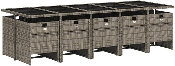 11 Piece Outdoor Patio Dining Set, Poly Rattan Garden Table and 10 Folding Chairs with Cushions, Space-Saving Cube Furniture for Backyard, Gray