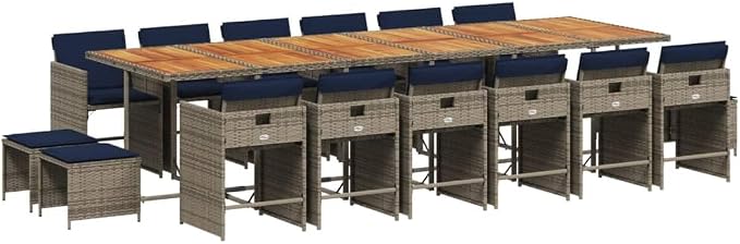 17 Piece Patio Dining Set with Cushions Gray Poly Rattan Outdoor Furniture Table 12 Chairs and 4 Stools for Backyard Garden Entertaining UV-Proof Space-Saving Foldable