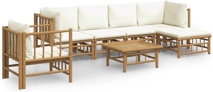 7 Piece Patio Lounge Set with Cream White Cushions, Sectional Sofa Outdoor Dining Sets Patio Conversation Set Porch Furniture Set for Garden Negotiation Area Piazza Poolside Bamboo