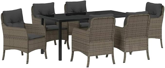 Afuera Living 7 Piece Poly Rattan Garden Dining Set, Gray Finish, UV-Resistant Powder-Coated Steel, Removable Cushions, Tempered Glass Tabletop, Modern Patio Furniture for Outdoor Dining and