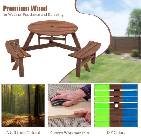 anwickjeff 6-Person Picnic Table and Chairs Set, Outdoor Round Wooden Patio Tables with DIY w/3 Built-in Benches & Umbrella Hole, 1720lbLBS Total Capacity for Patios, Backyard (Brown, 6-Person)