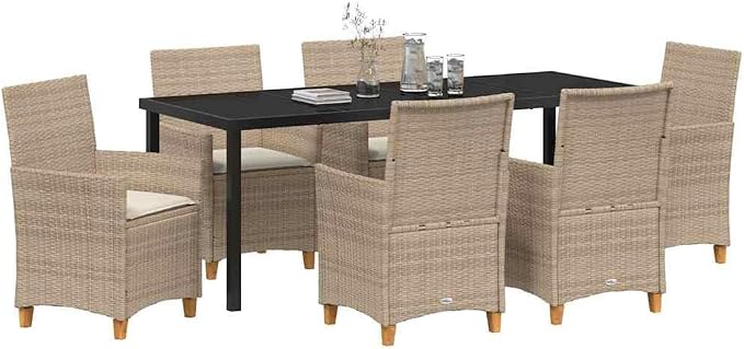 7 Piece Garden Dining Set, Outdoor Patio Furniture with 6 Cushioned Chairs and Glass Table, Beige Poly Rattan Weather Resistant Bistro Set for Backyard Deck