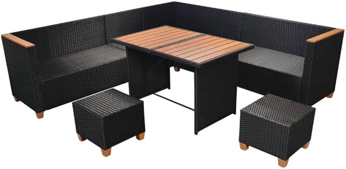 7 Piece Patio Lounge Set with Cushions, Sectional Sofa Patio Conversation Set Porch Furniture Set Front Porch Furniture for Poolside Negotiation Area Piazza Exhibition Poly Rattan Black