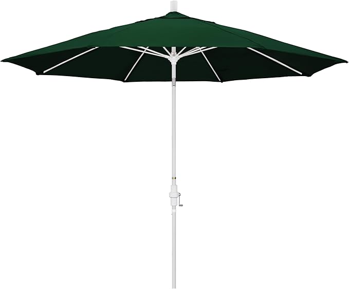 California Umbrella 11Ft Sunbrella Patio Umbrella, Fiberglass Ribs, Hand-Crank, Tilt-Collar, White Frame, Forest Green Fabric