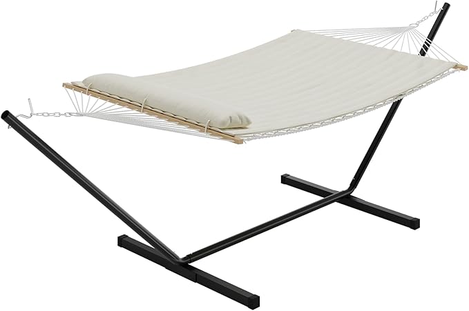Heavy Duty 2 Person Double Hammock with Portable Adjustable Steel Stand, Outdoor Hammock with Pillow for Patio, Garden, Beach, Backyard Camping